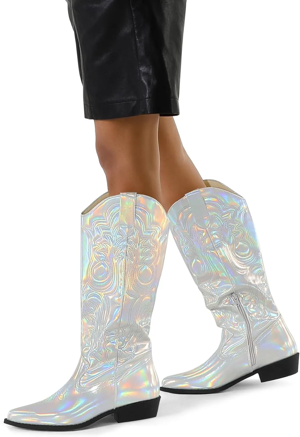 mysoft Women's Cowboy Boots Mid Calf Cowgirl Embroidered Western Pointed Toe Chunky Heel Pull On Knee High Boots