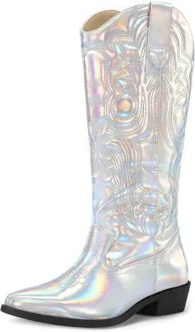 mysoft Women's Cowboy Boots Mid Calf Cowgirl Embroidered Western Pointed Toe Chunky Heel Pull On Knee High Boots