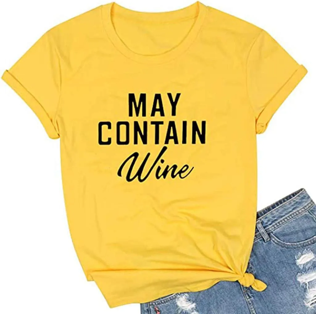 NaRHbrg May Contain Wine T Shirt Alcohol Shirts Womens Letter Print Tops Loose Casual Summer Blouse Short Sleeve Tee Shirt