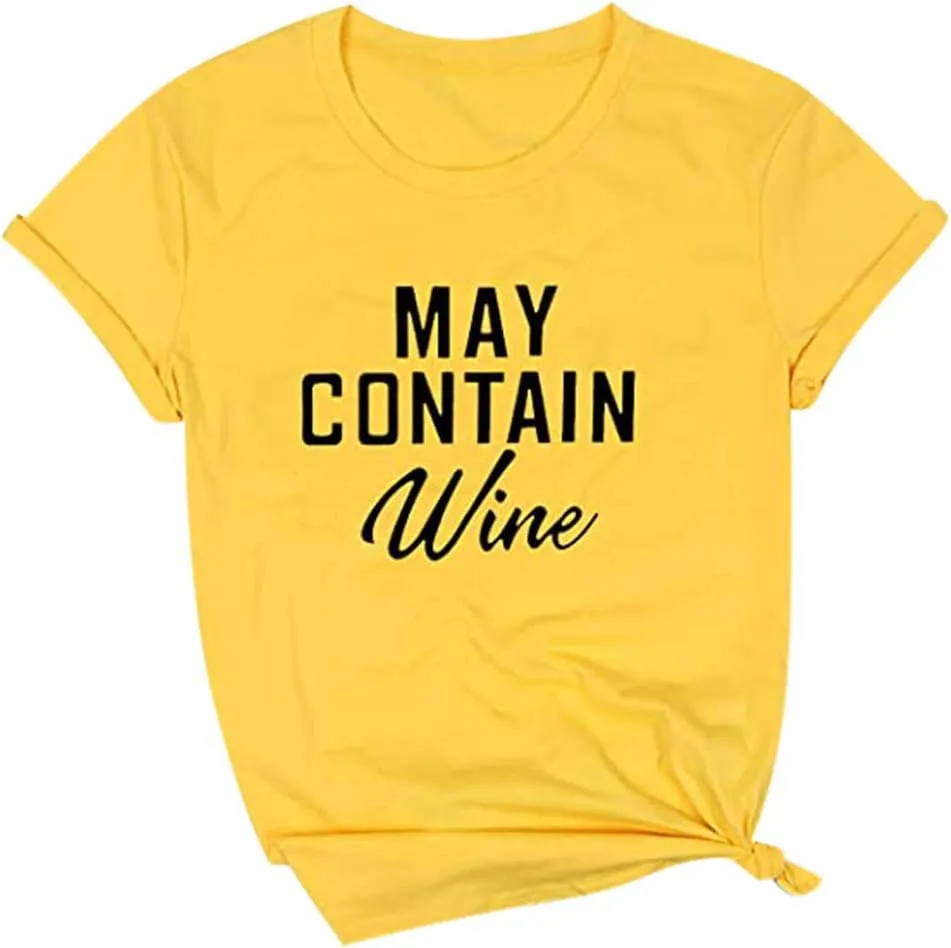NaRHbrg May Contain Wine T Shirt Alcohol Shirts Womens Letter Print Tops Loose Casual Summer Blouse Short Sleeve Tee Shirt