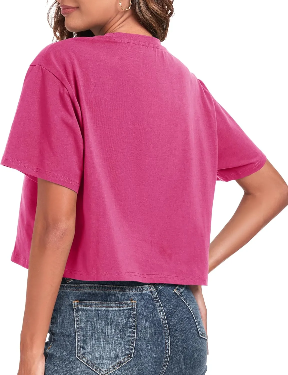 PRIMODA Women's Oversized Workout Cropped T Shirts Crew Neck Short Sleeve Casual Loose Summer Crop Tee Tops Cotton