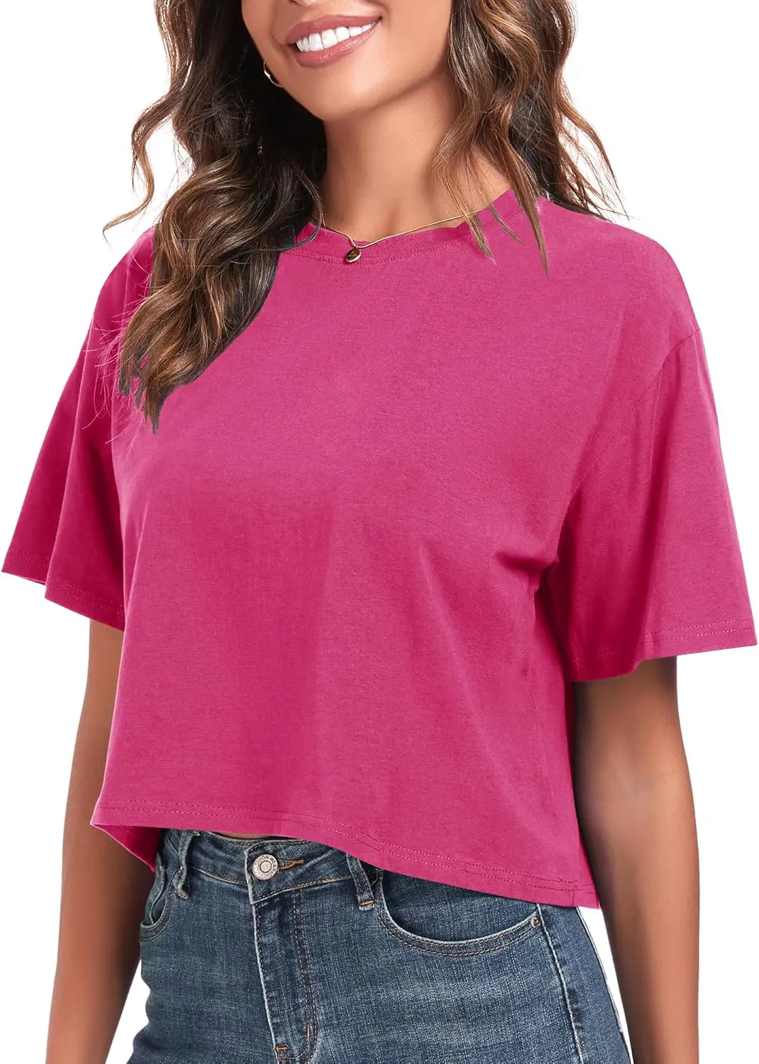 PRIMODA Women's Oversized Workout Cropped T Shirts Crew Neck Short Sleeve Casual Loose Summer Crop Tee Tops Cotton
