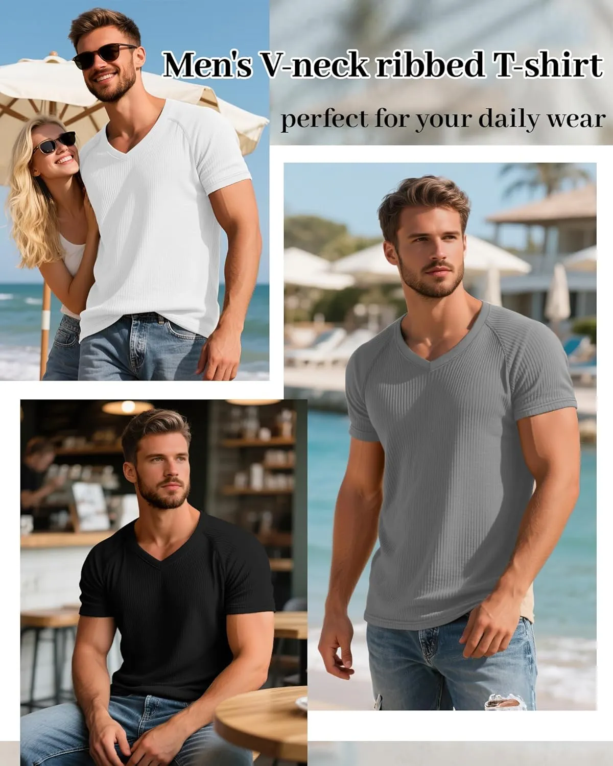 Riyiper 3 Pack Men's Muscle T Shirts Slim Fit Workout Bodybuilding Tees Ribbed Knit Textured V Neck Short Sleeve Tee Shirts