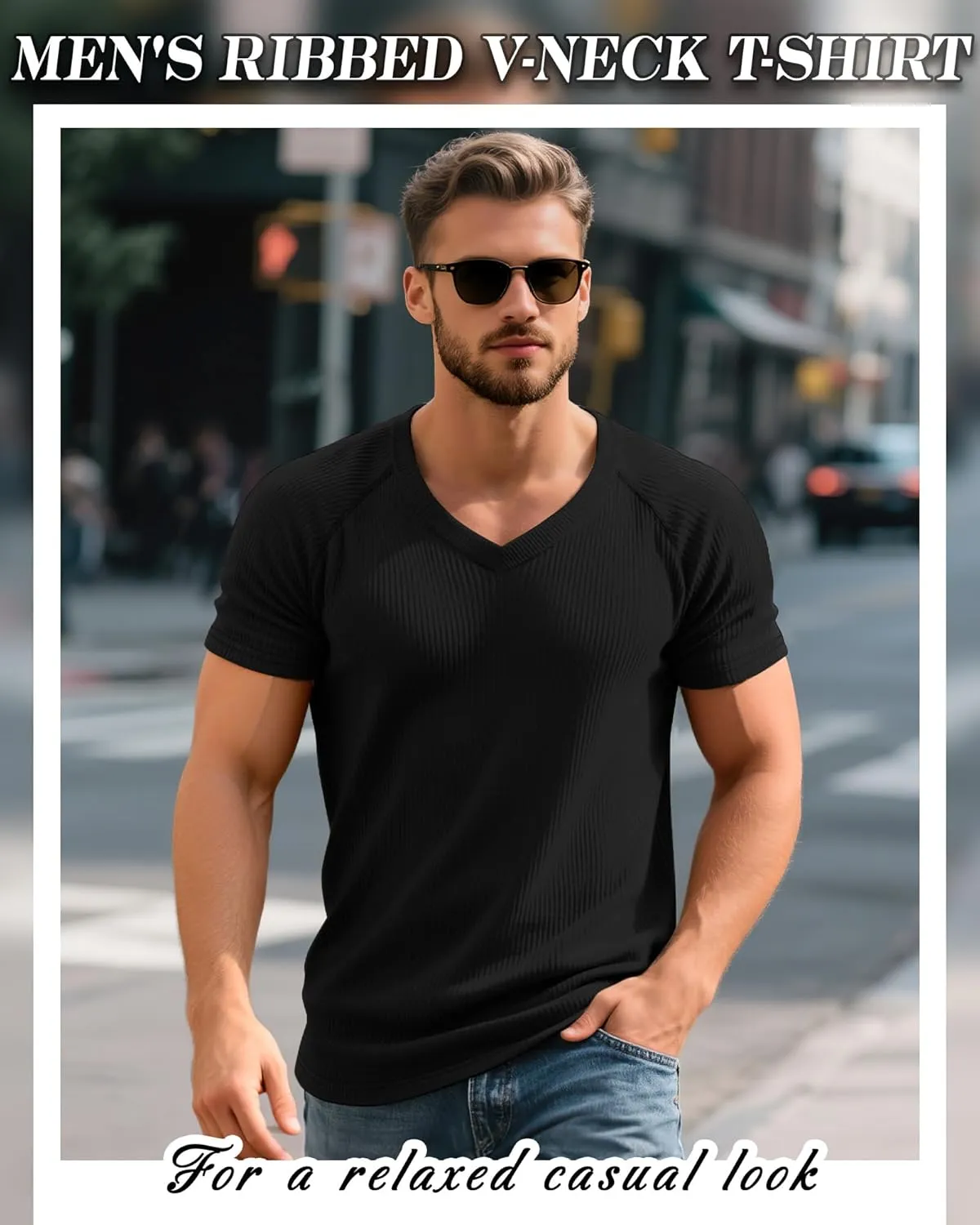 Riyiper 3 Pack Men's Muscle T Shirts Slim Fit Workout Bodybuilding Tees Ribbed Knit Textured V Neck Short Sleeve Tee Shirts
