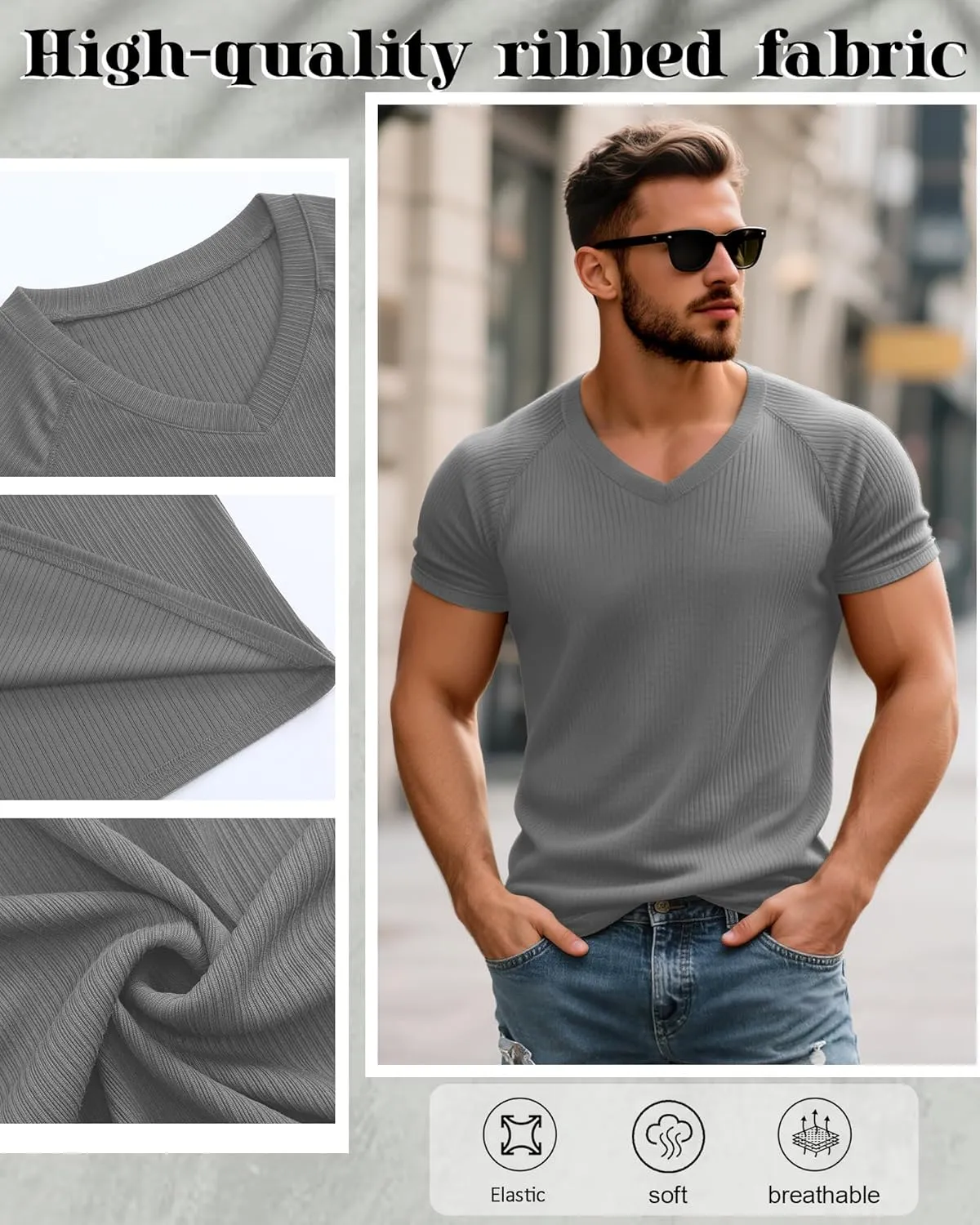 Riyiper 3 Pack Men's Muscle T Shirts Slim Fit Workout Bodybuilding Tees Ribbed Knit Textured V Neck Short Sleeve Tee Shirts