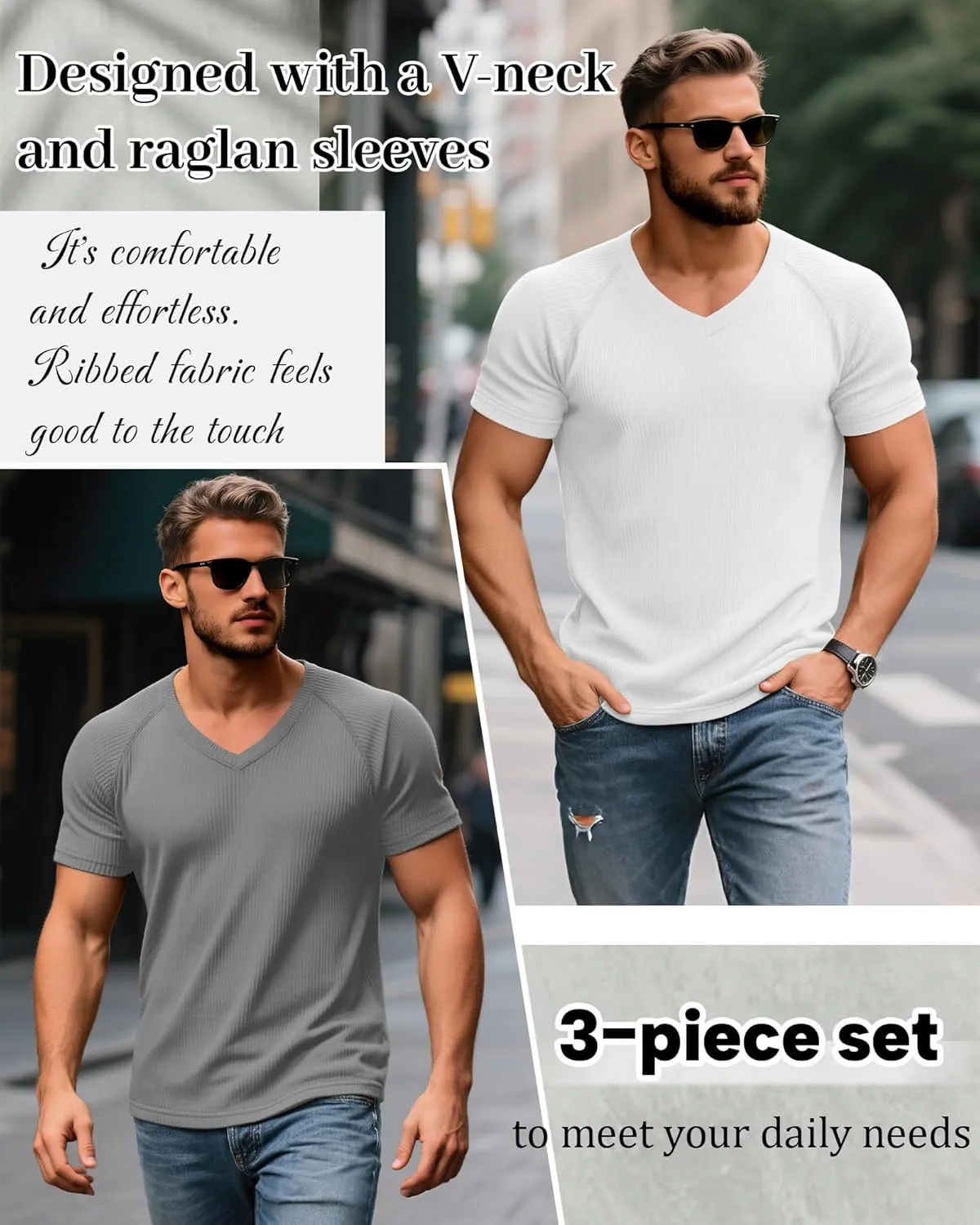 Riyiper 3 Pack Men's Muscle T Shirts Slim Fit Workout Bodybuilding Tees Ribbed Knit Textured V Neck Short Sleeve Tee Shirts