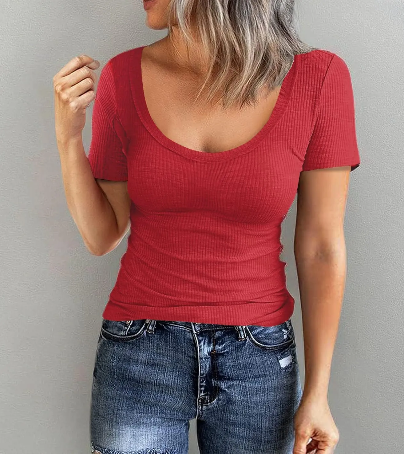 Roselux Women Short Sleeve Scoop Neck Ribbed Fitted Knit Shirt Basic Tight T-Shirts