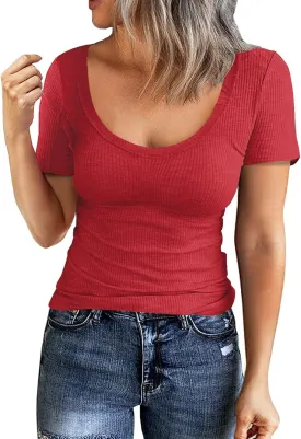 Roselux Women Short Sleeve Scoop Neck Ribbed Fitted Knit Shirt Basic Tight T-Shirts