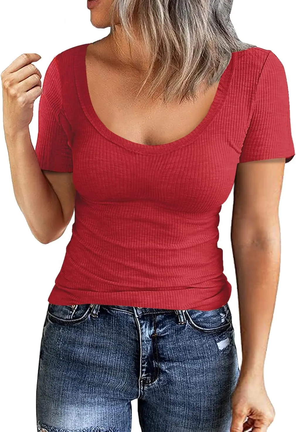 Roselux Women Short Sleeve Scoop Neck Ribbed Fitted Knit Shirt Basic Tight T-Shirts