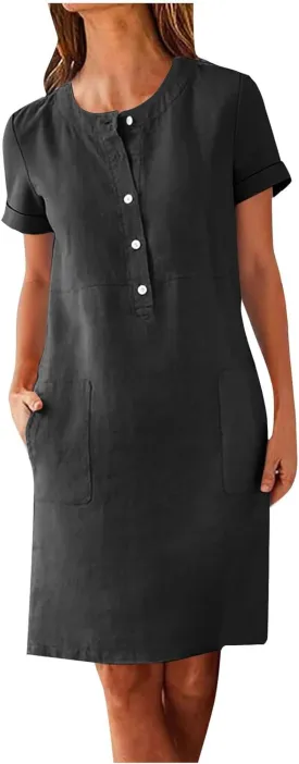 Summer Dresses for Women 2025 Button Front Short Sleeve Tshirt Dress Business Casual Sundresses with Pockets