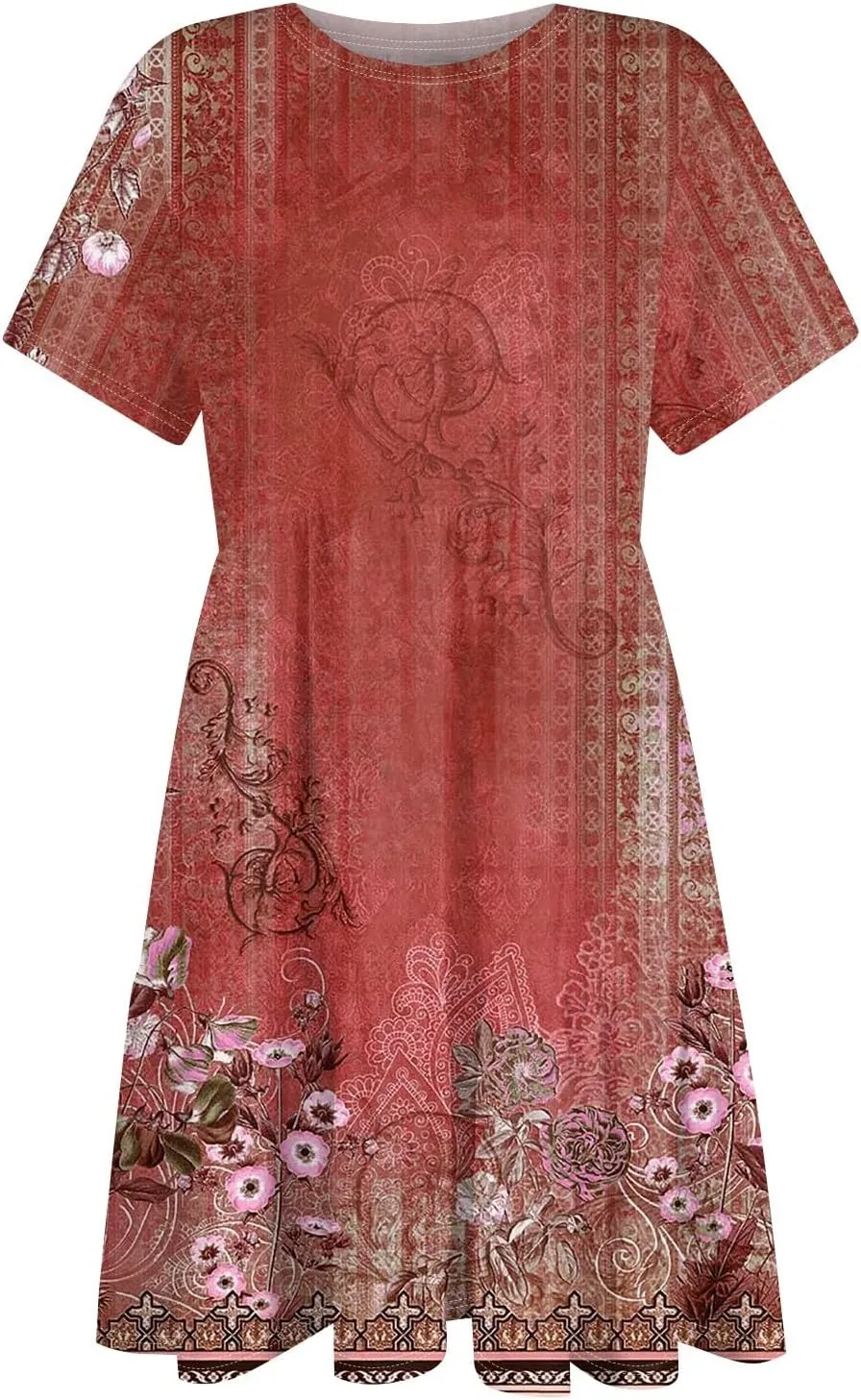 Trendy Short Sleeve Mini Dress Casual Smocked Flowy Sexy Cute Short Dress Elegant Floral Sunflower T Shirts Dress