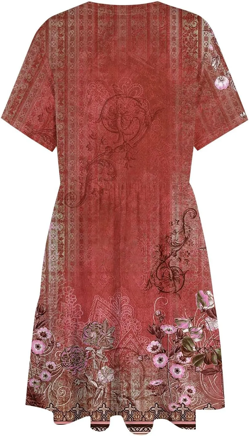 Trendy Short Sleeve Mini Dress Casual Smocked Flowy Sexy Cute Short Dress Elegant Floral Sunflower T Shirts Dress