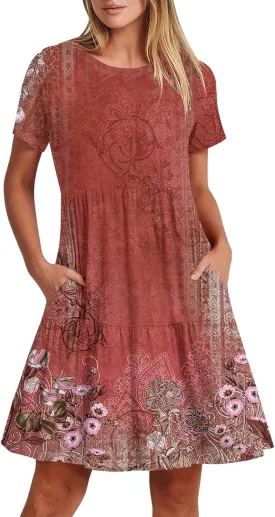 Trendy Short Sleeve Mini Dress Casual Smocked Flowy Sexy Cute Short Dress Elegant Floral Sunflower T Shirts Dress