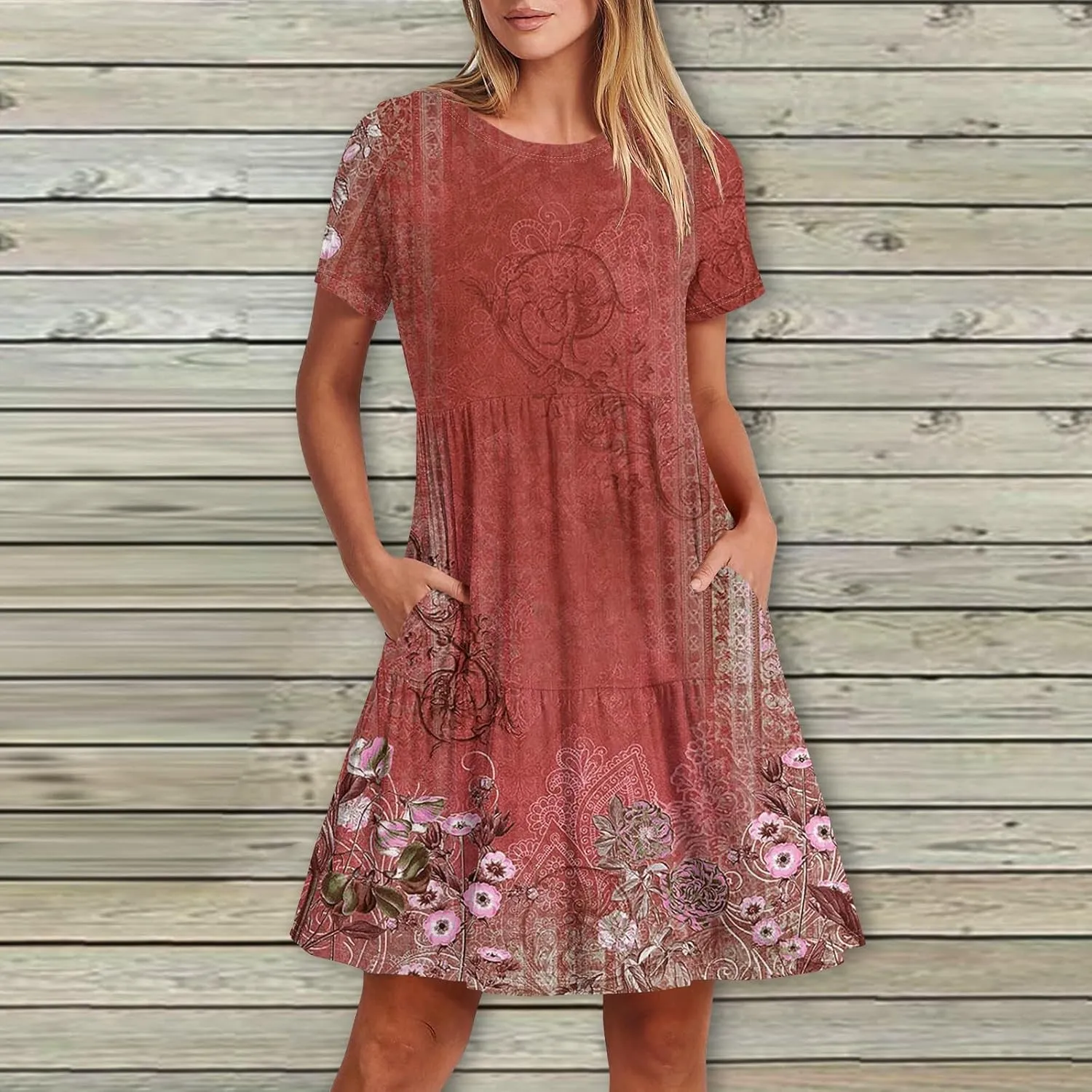 Trendy Short Sleeve Mini Dress Casual Smocked Flowy Sexy Cute Short Dress Elegant Floral Sunflower T Shirts Dress