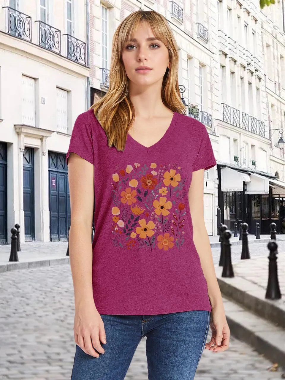 V Neck T Shirts for Women Cute Flower Graphic Tees Summer Tops Floral Print T Shirts Vintage Wildflower Tees