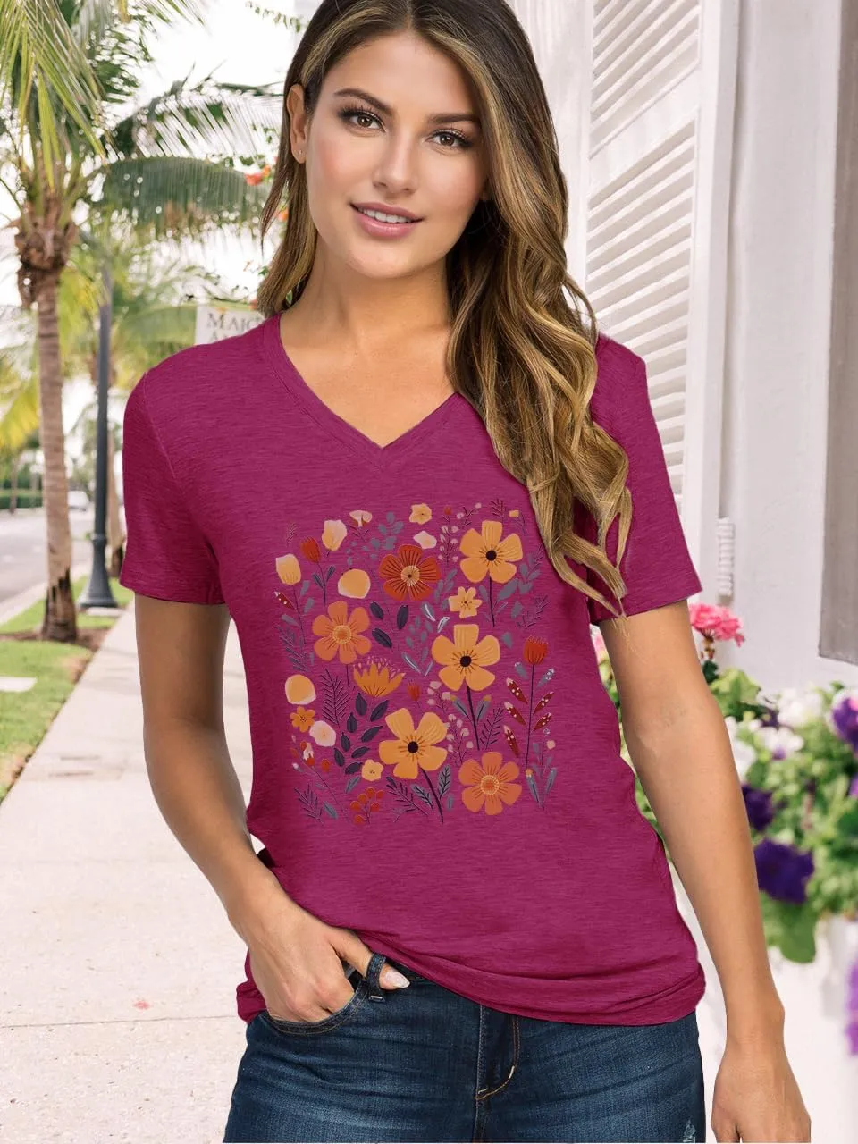 V Neck T Shirts for Women Cute Flower Graphic Tees Summer Tops Floral Print T Shirts Vintage Wildflower Tees