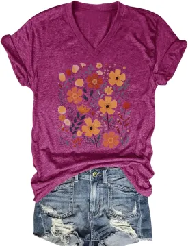 V Neck T Shirts for Women Cute Flower Graphic Tees Summer Tops Floral Print T Shirts Vintage Wildflower Tees
