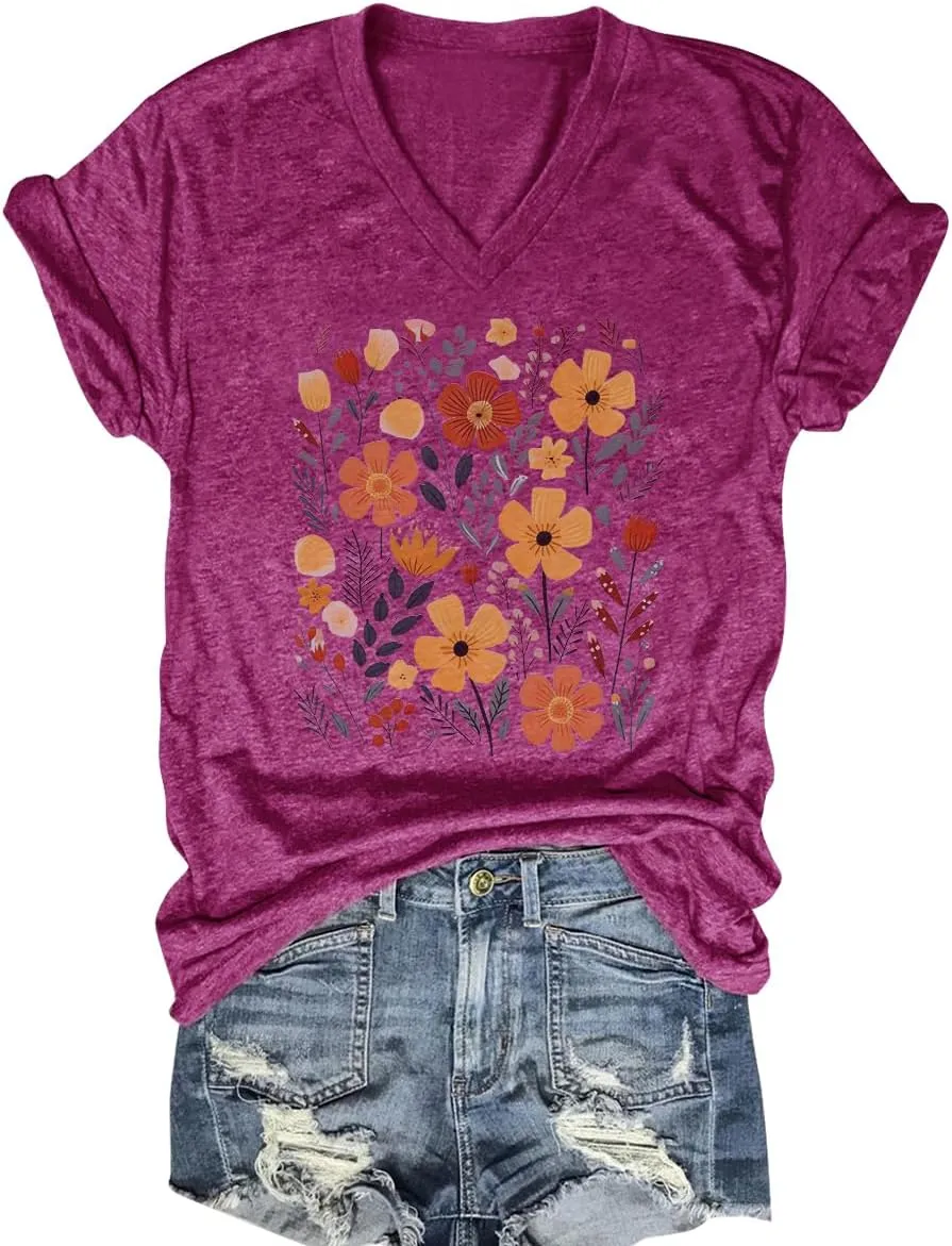 V Neck T Shirts for Women Cute Flower Graphic Tees Summer Tops Floral Print T Shirts Vintage Wildflower Tees