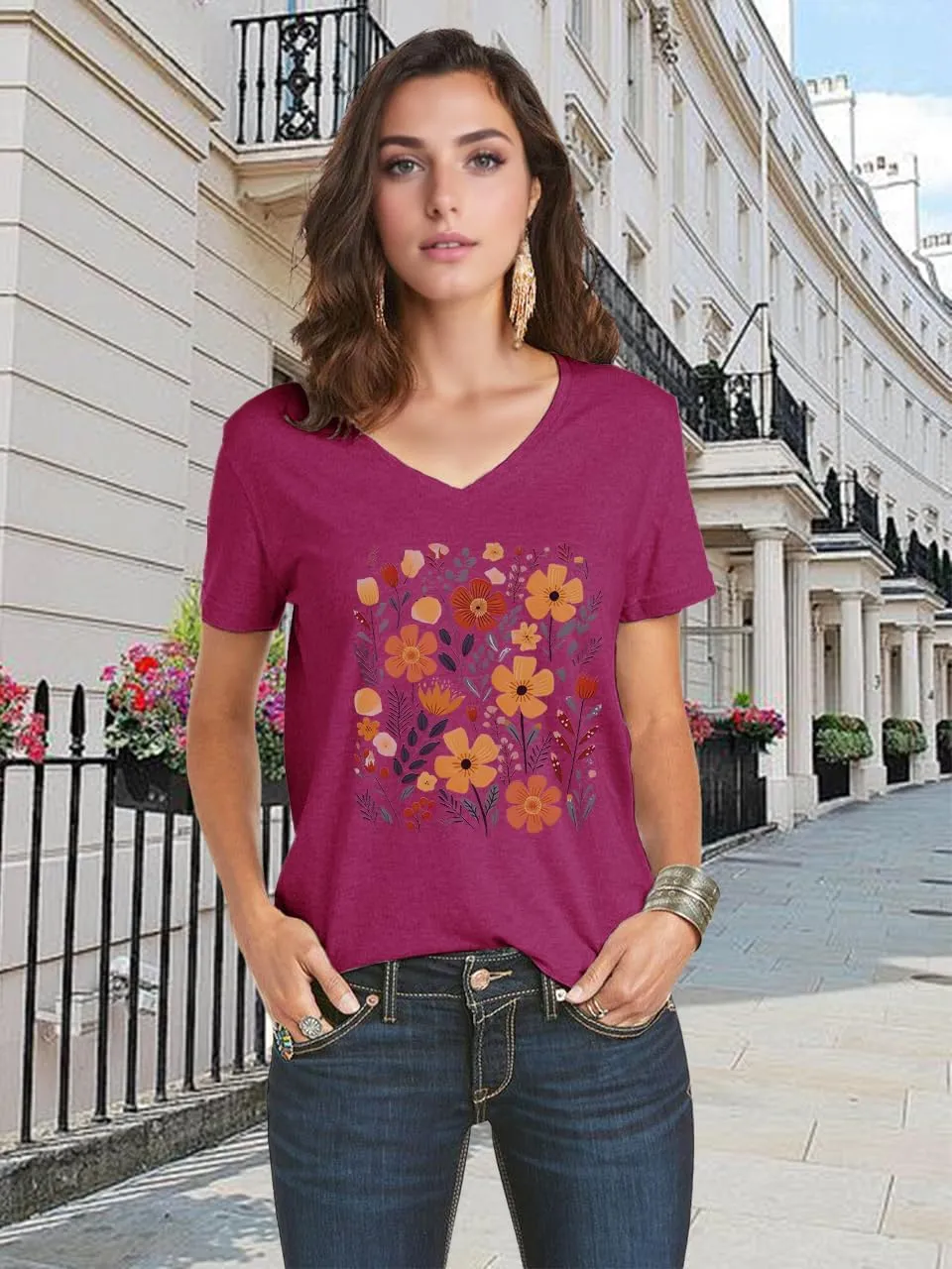V Neck T Shirts for Women Cute Flower Graphic Tees Summer Tops Floral Print T Shirts Vintage Wildflower Tees