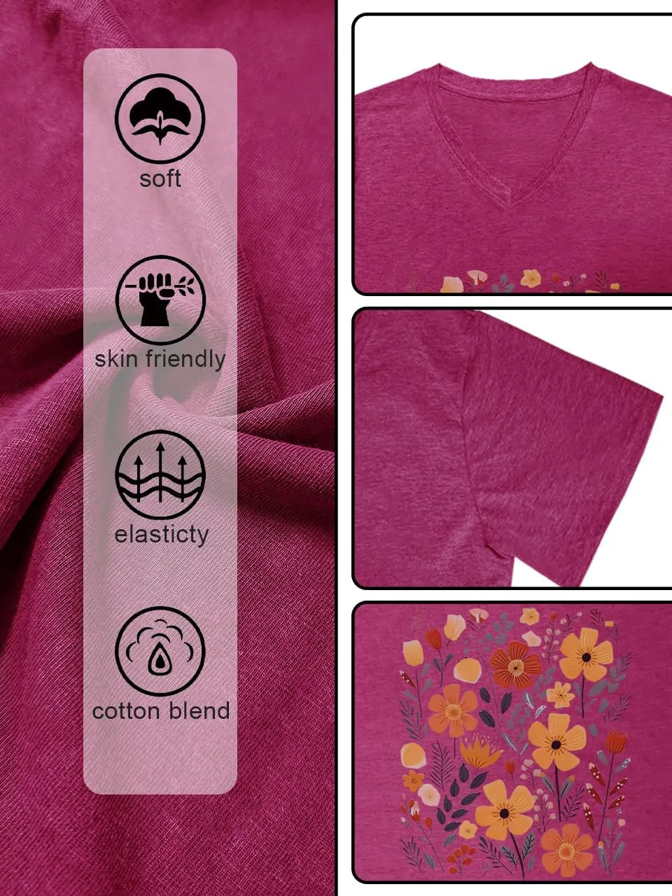 V Neck T Shirts for Women Cute Flower Graphic Tees Summer Tops Floral Print T Shirts Vintage Wildflower Tees