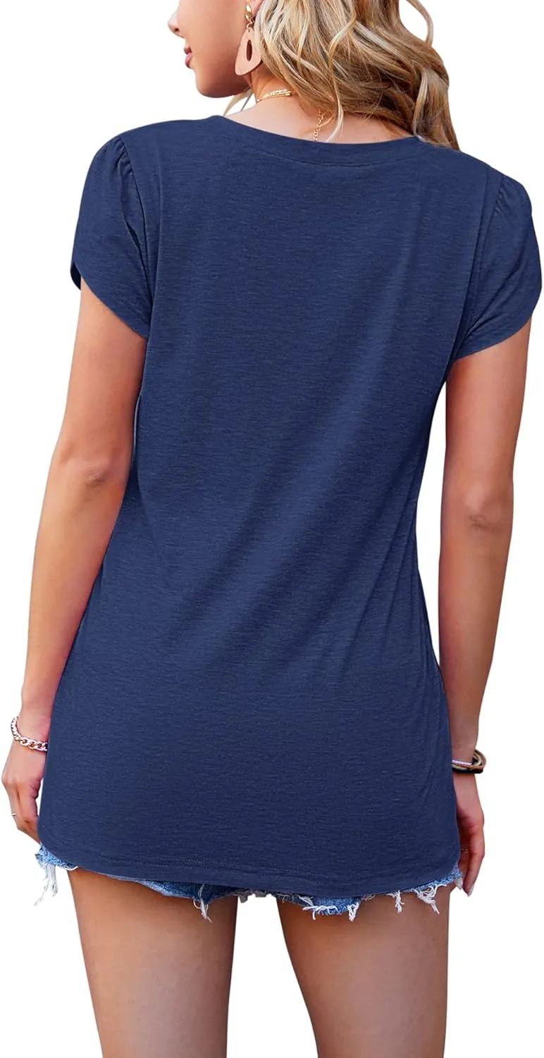 WNEEDU Womens T Shirts Petal Sleeve V Neck Casual Tees Summer Basic Tops