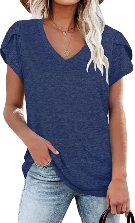 WNEEDU Womens T Shirts Petal Sleeve V Neck Casual Tees Summer Basic Tops