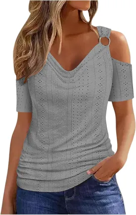 Women Cold Shoulder Eyelet Blouse Short Sleeve Cowl Neck Cut Out Tunic Top Dressy Casual Trendy Open T Shirts