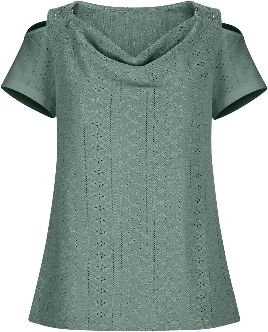 Women Cold Shoulder Eyelet Blouse Short Sleeve Cowl Neck Cut Out Tunic Top Dressy Casual Trendy Open T Shirts