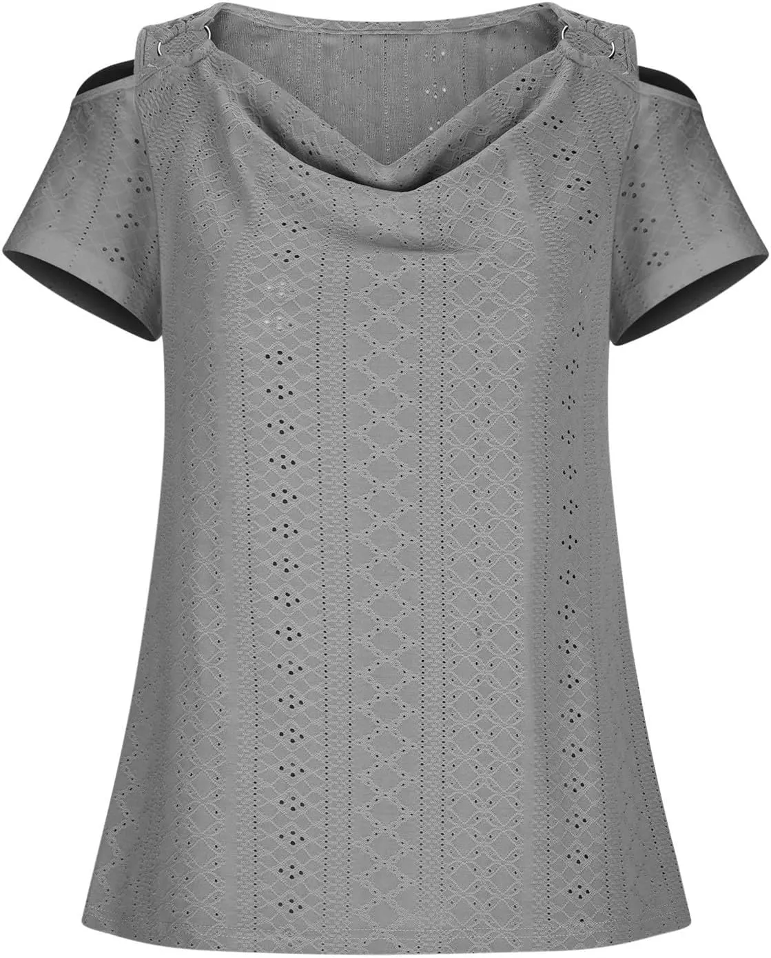 Women Cold Shoulder Eyelet Blouse Short Sleeve Cowl Neck Cut Out Tunic Top Dressy Casual Trendy Open T Shirts