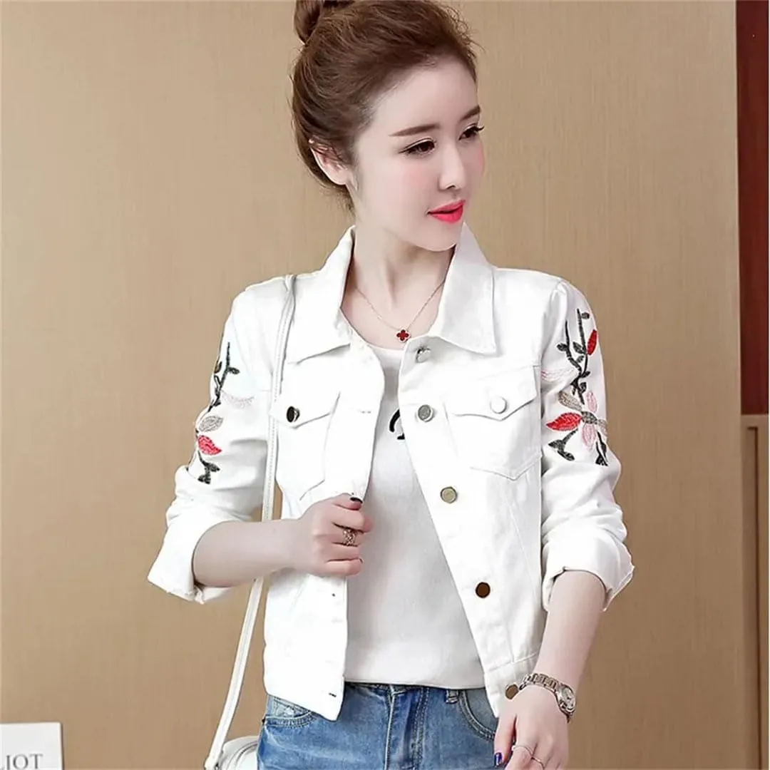 Women Embroidered Short Denim Jacket Thin Outwear Single-Breasted Jeans Coat