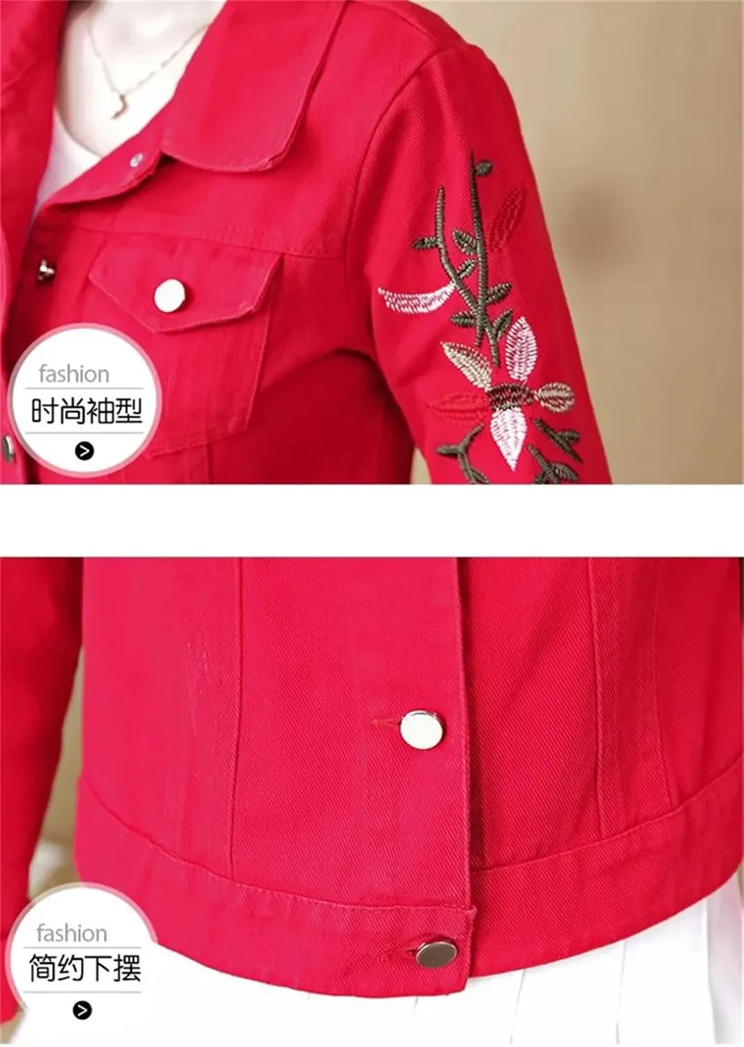 Women Embroidered Short Denim Jacket Thin Outwear Single-Breasted Jeans Coat