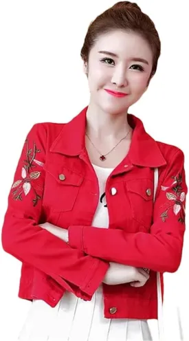 Women Embroidered Short Denim Jacket Thin Outwear Single-Breasted Jeans Coat