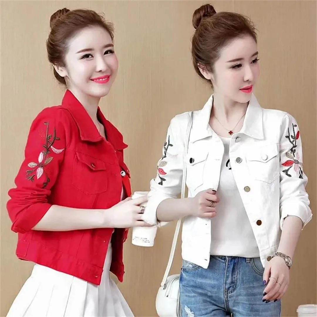 Women Embroidered Short Denim Jacket Thin Outwear Single-Breasted Jeans Coat