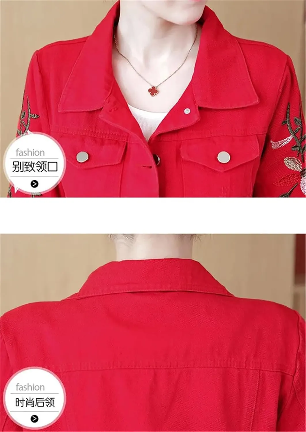 Women Embroidered Short Denim Jacket Thin Outwear Single-Breasted Jeans Coat