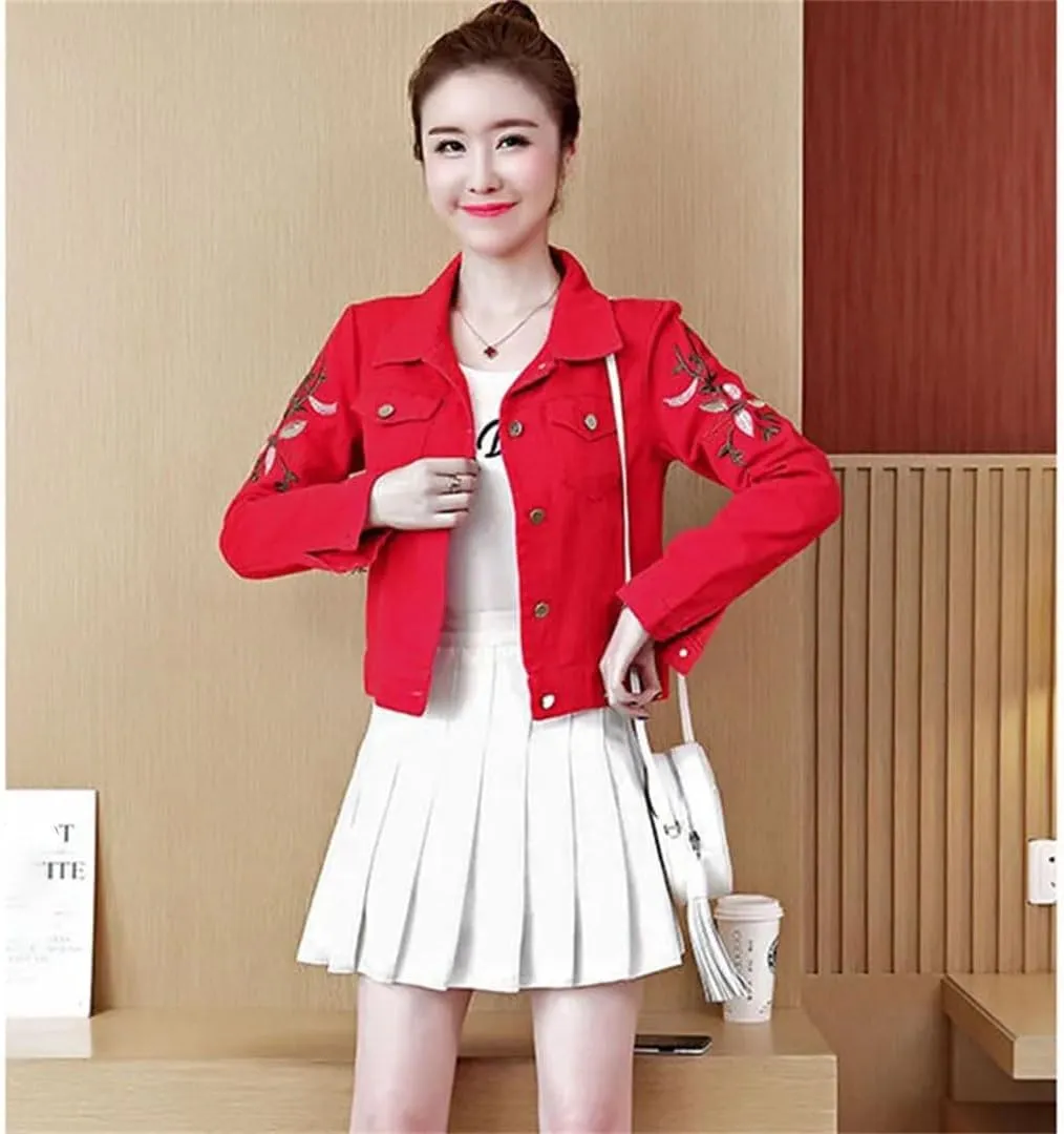 Women Embroidered Short Denim Jacket Thin Outwear Single-Breasted Jeans Coat