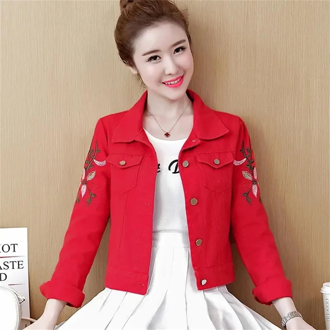 Women Embroidered Short Denim Jacket Thin Outwear Single-Breasted Jeans Coat