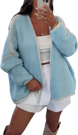 Women Fall Open Front Striped Cardigan Sweater Casual Loose Chunky Knit Coatigan Coat