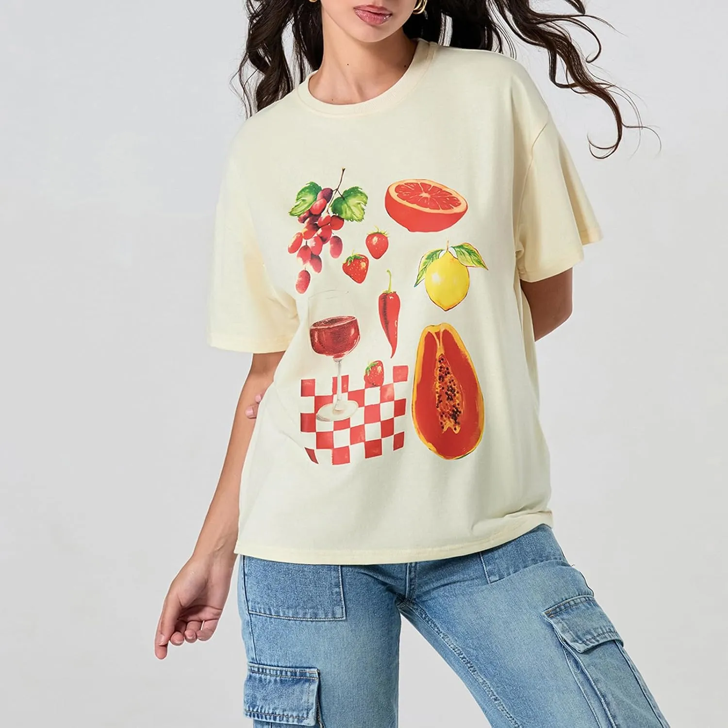 Women Oversized Graphic Print Graffiti Short Sleeve Crew Neck Streetwear T-Shirts Y2k Going Out Tops Aesthetic Tee
