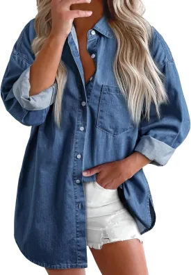 Womens Denim Shirt Jackets Long Sleeve Lightweight Button Down Jean Jacket Fall Oversized Boyfriend Casual Tops