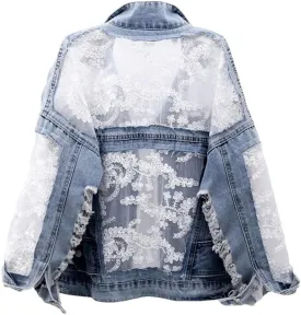 Women's Embroidered Lace Denim Jacket Streetwear Patchwork Design With Tassels Loose Fit Sexy Autumn Coat