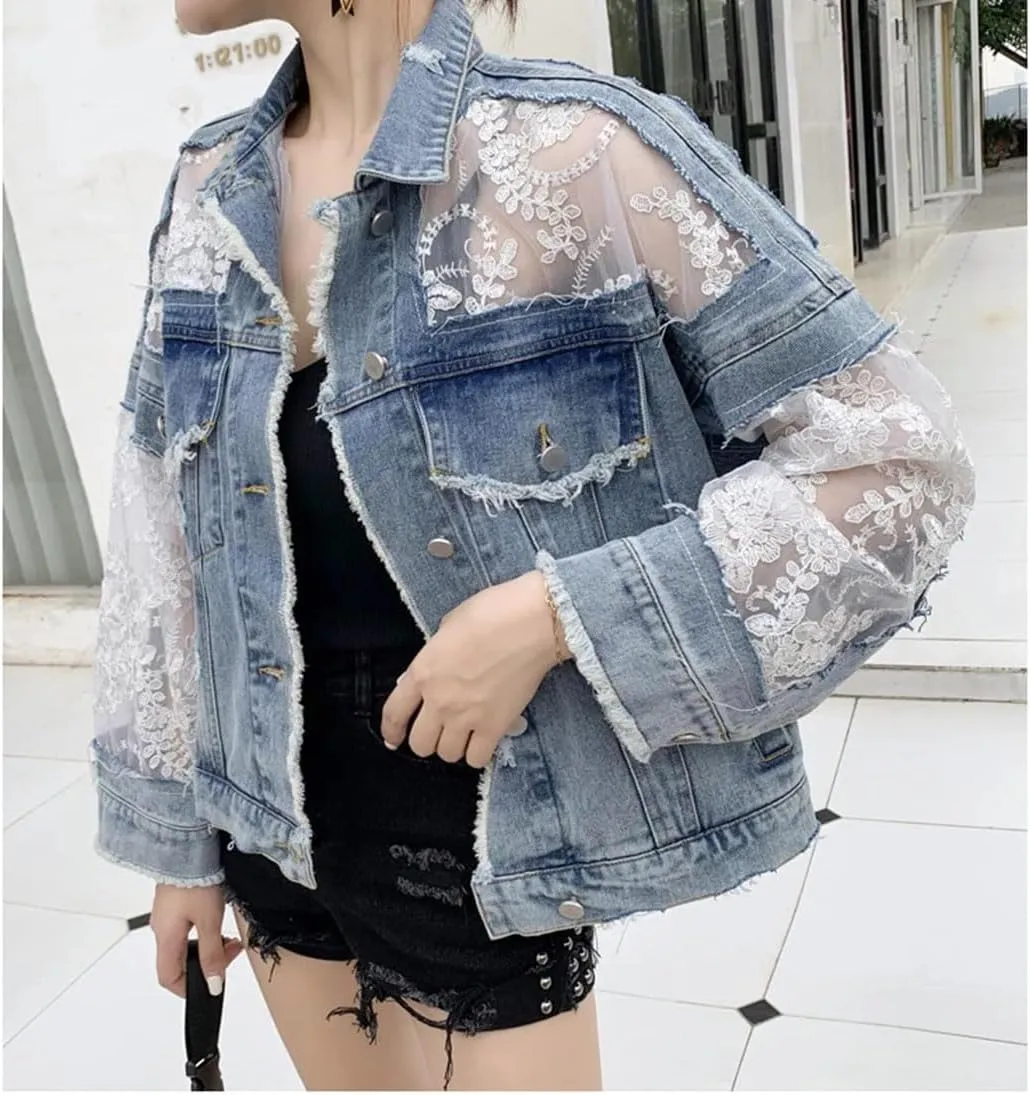 Women's Embroidered Lace Denim Jacket Streetwear Patchwork Design With Tassels Loose Fit Sexy Autumn Coat
