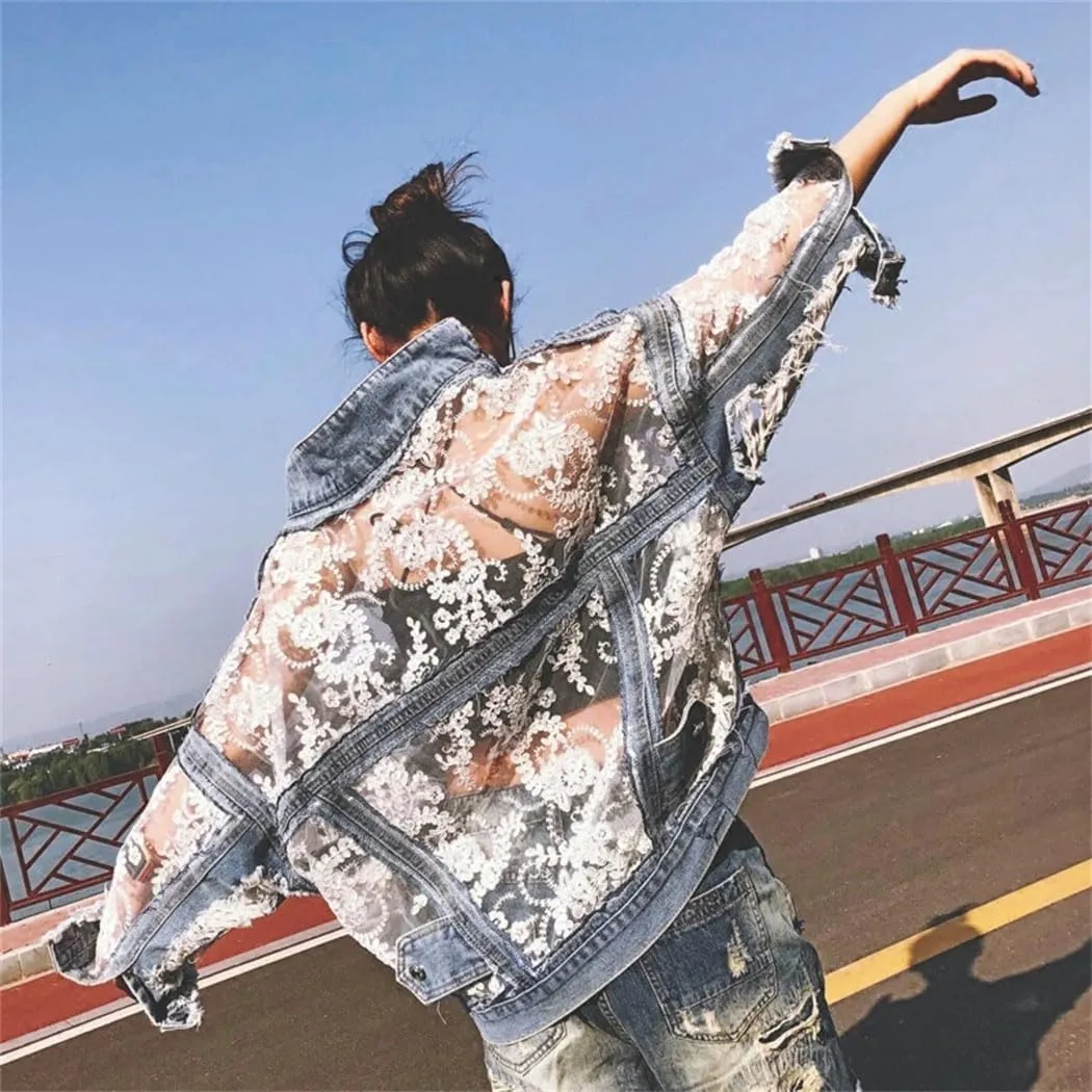 Women's Embroidered Lace Denim Jacket Streetwear Patchwork Design With Tassels Loose Fit Sexy Autumn Coat
