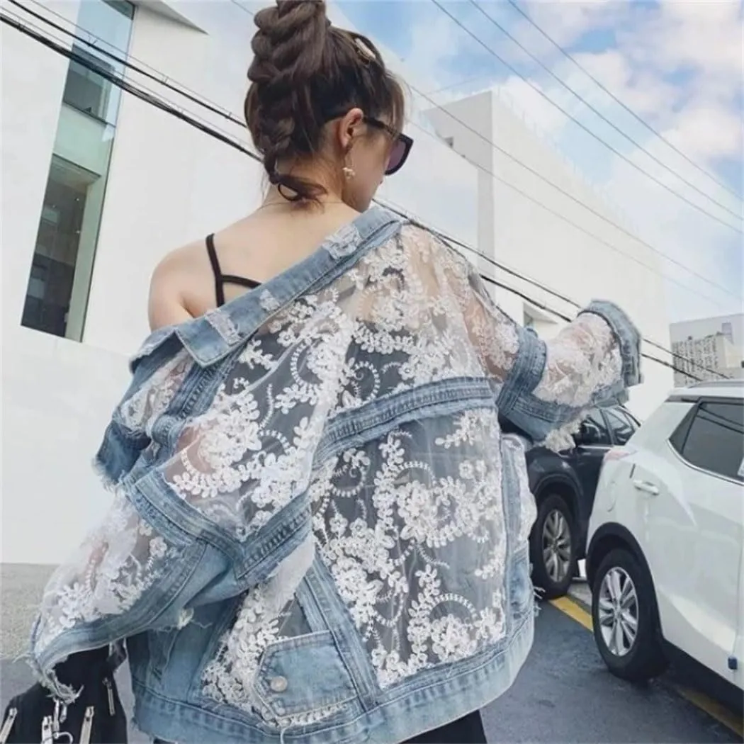 Women's Embroidered Lace Denim Jacket Streetwear Patchwork Design With Tassels Loose Fit Sexy Autumn Coat