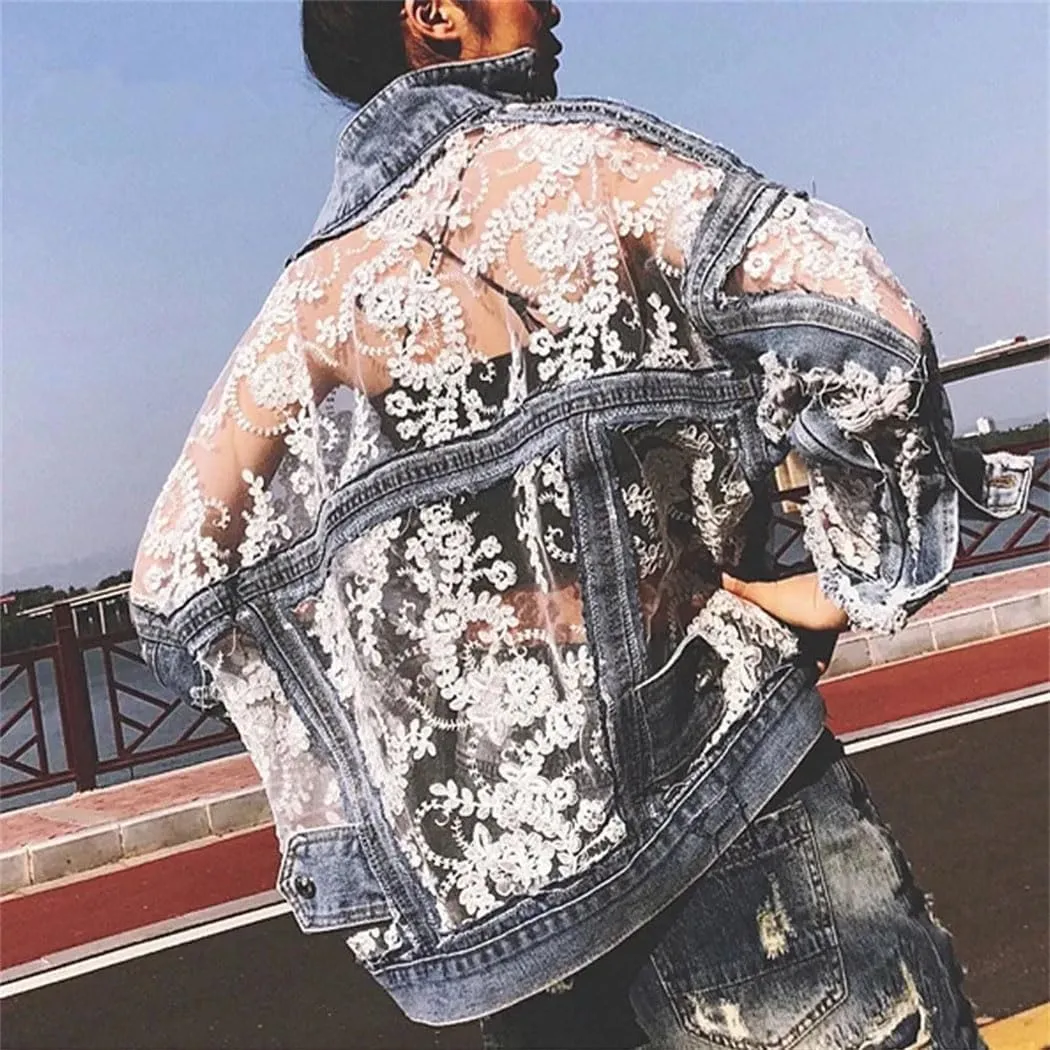 Women's Embroidered Lace Denim Jacket Streetwear Patchwork Design With Tassels Loose Fit Sexy Autumn Coat