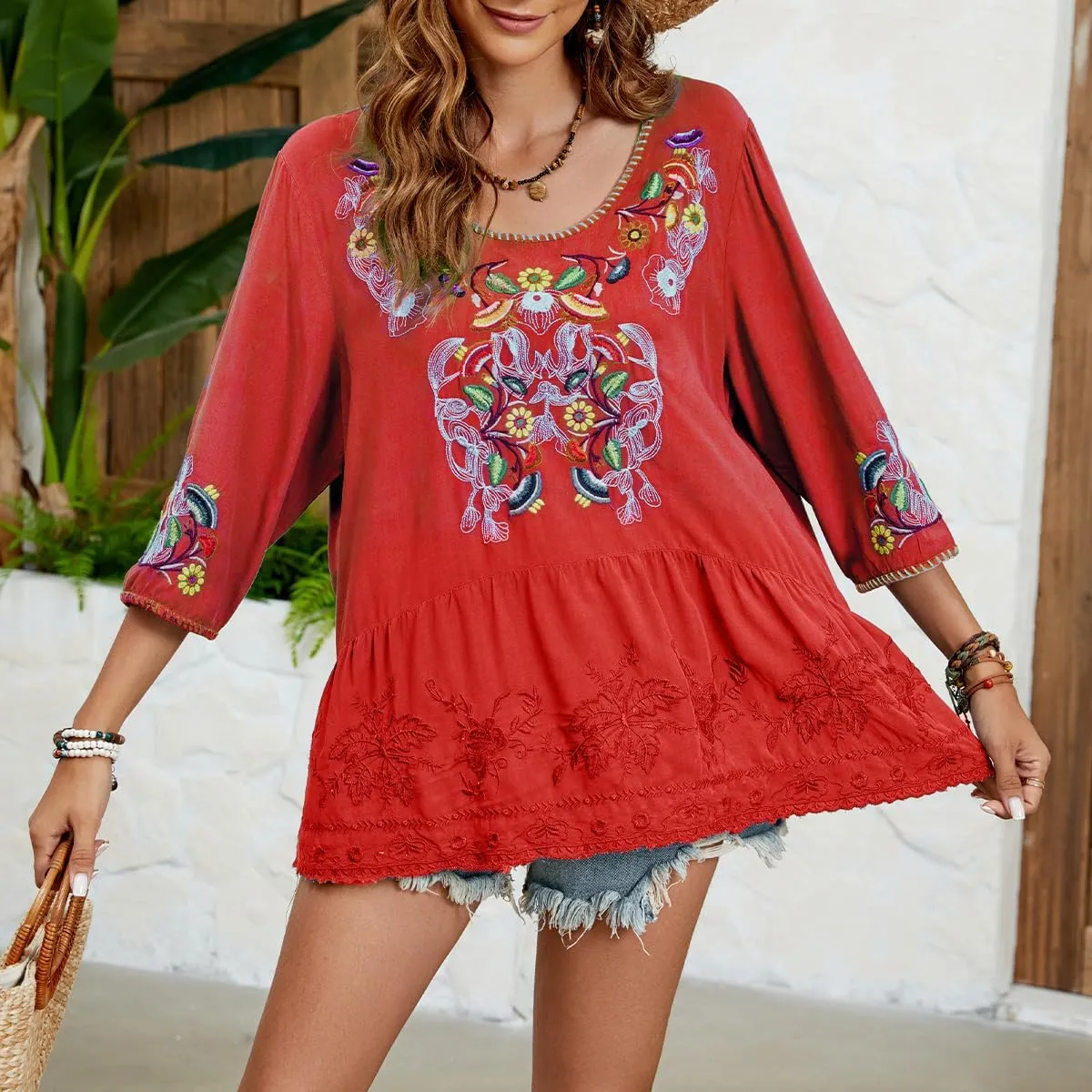 Women's Embroidered Tops 3/4 Sleeve Mexican Blouses Shirts Round Neck Dressy Tunics Peasant Tops Loose Fit