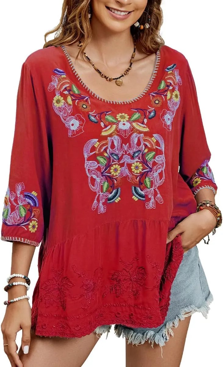 Women's Embroidered Tops 3/4 Sleeve Mexican Blouses Shirts Round Neck Dressy Tunics Peasant Tops Loose Fit