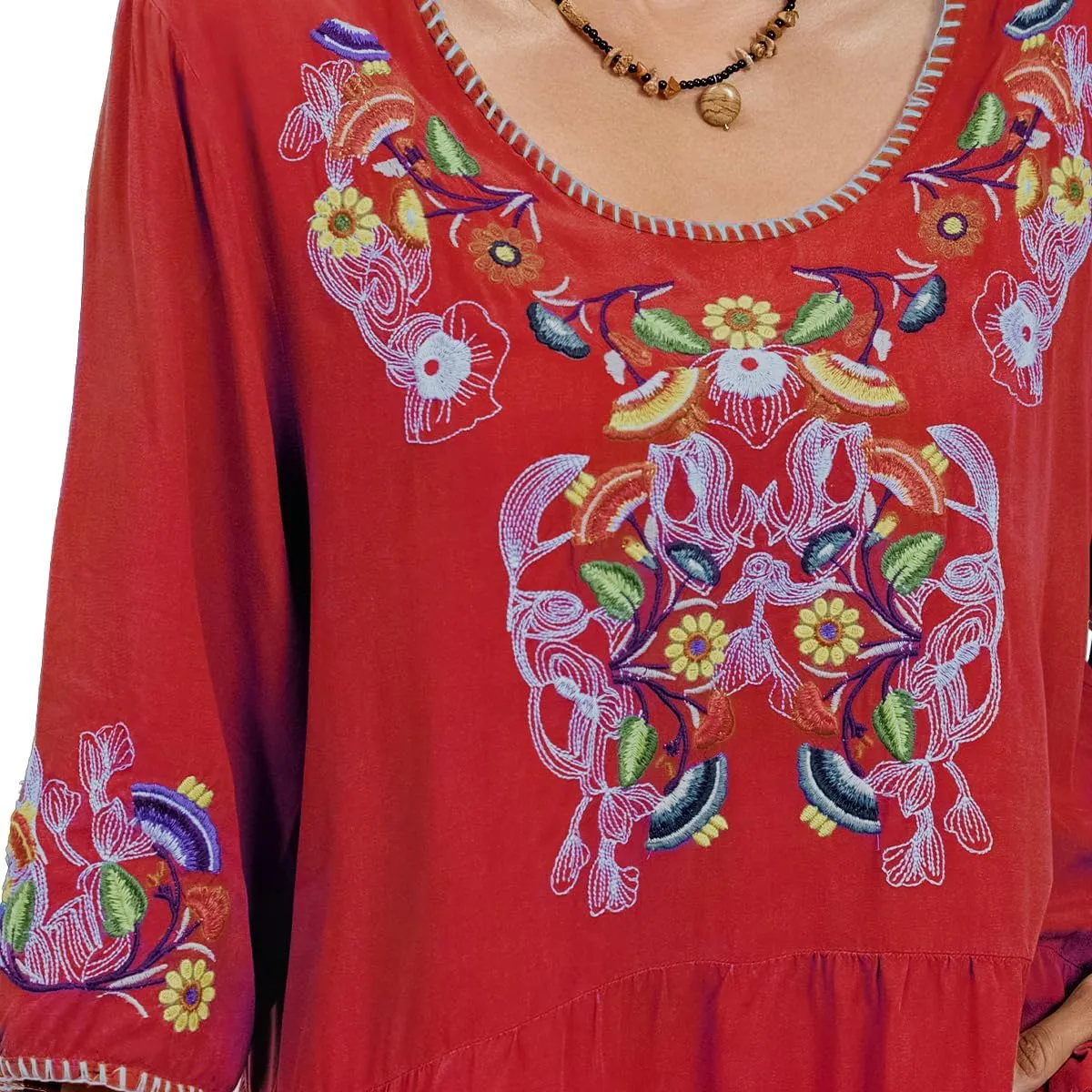 Women's Embroidered Tops 3/4 Sleeve Mexican Blouses Shirts Round Neck Dressy Tunics Peasant Tops Loose Fit