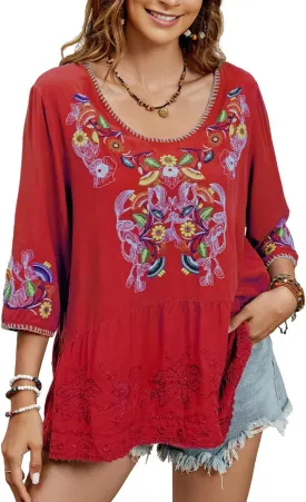 Women's Embroidered Tops 3/4 Sleeve Mexican Blouses Shirts Round Neck Dressy Tunics Peasant Tops Loose Fit