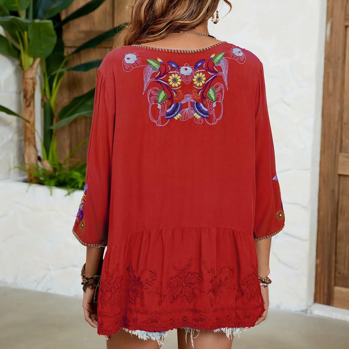Women's Embroidered Tops 3/4 Sleeve Mexican Blouses Shirts Round Neck Dressy Tunics Peasant Tops Loose Fit