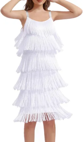 Women's Great Gatsby Flapper Spaghetti Tassel Dress with Headband, 20s Elegant Mini Dress Party Accessory COSTUME OUTFIT (XL, Whit X-Large